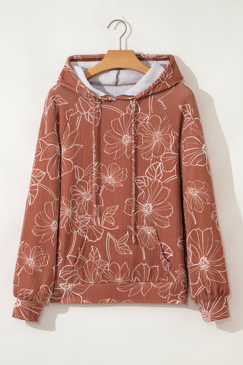 Brown Floral Rib Drawstring Kangaroo Pocket Hoodie - eAura