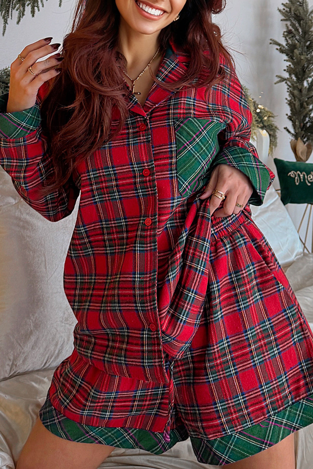 Red Plaid Contrast Christmas Holiday Long Sleeve Shirt and Short Pyjamas - eAura