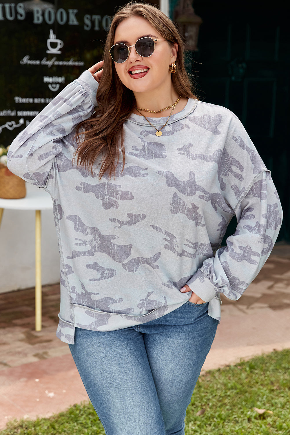 Multicolour Camouflage Print Plus Size Sweatshirt - eAura