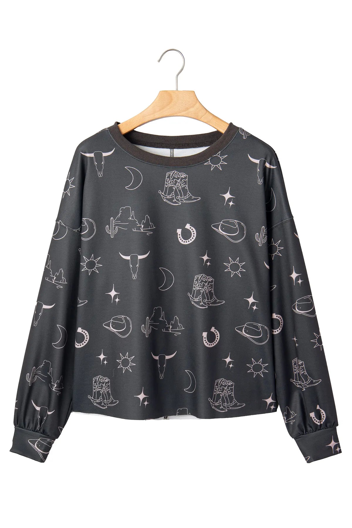 Western Print Crew Neck Sweatshirt – Grey