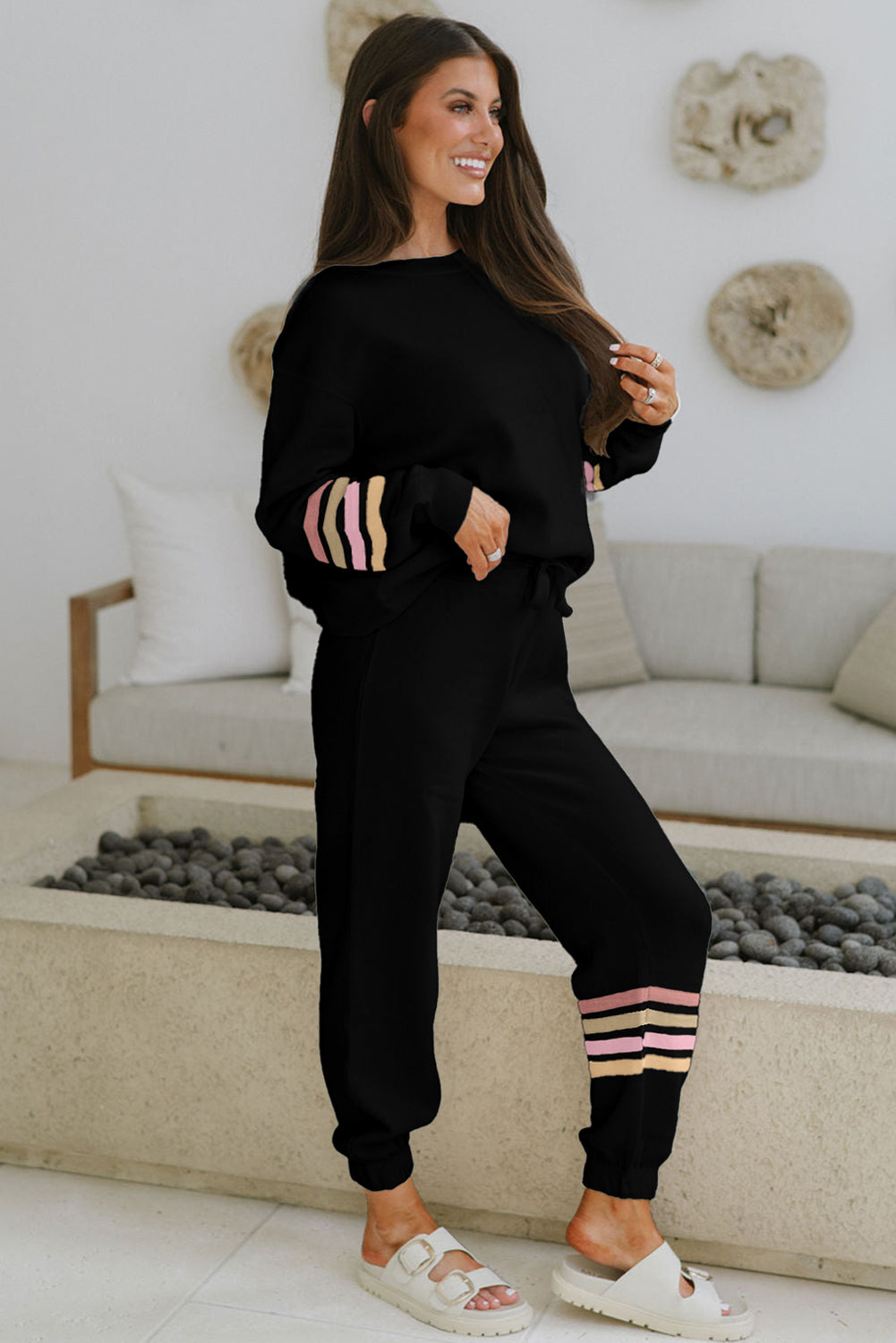 Striped Drop Shoulder Pullover and Joggers - eAura