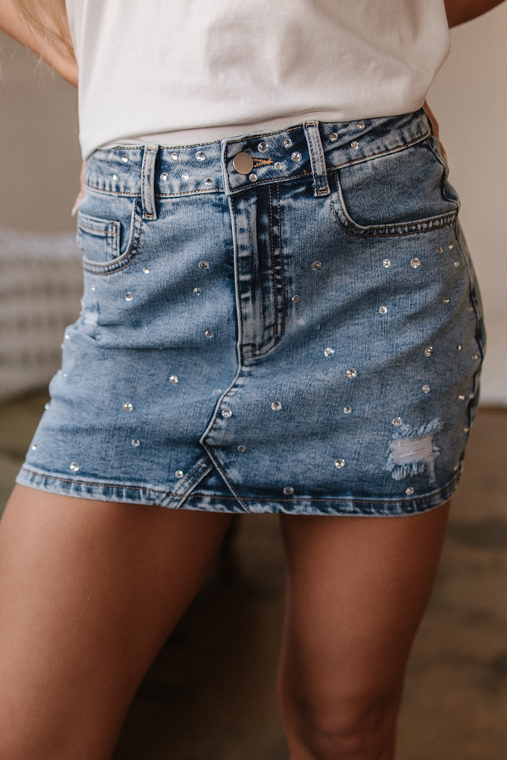 Dusk Blue Rhinestone Distressed Denim High Waist Mini Skirt eAura
