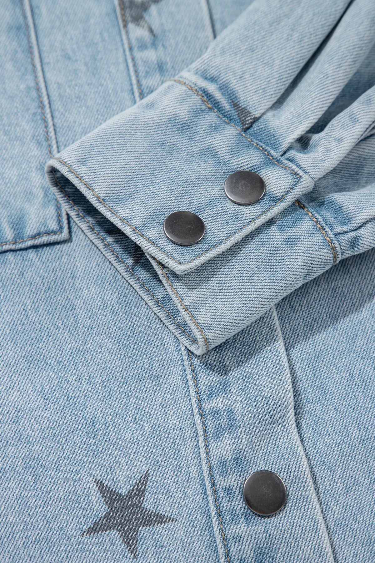 Sky Blue Stars Pattern Long Sleeve Shirt Collar Denim Jacket – Light Blue