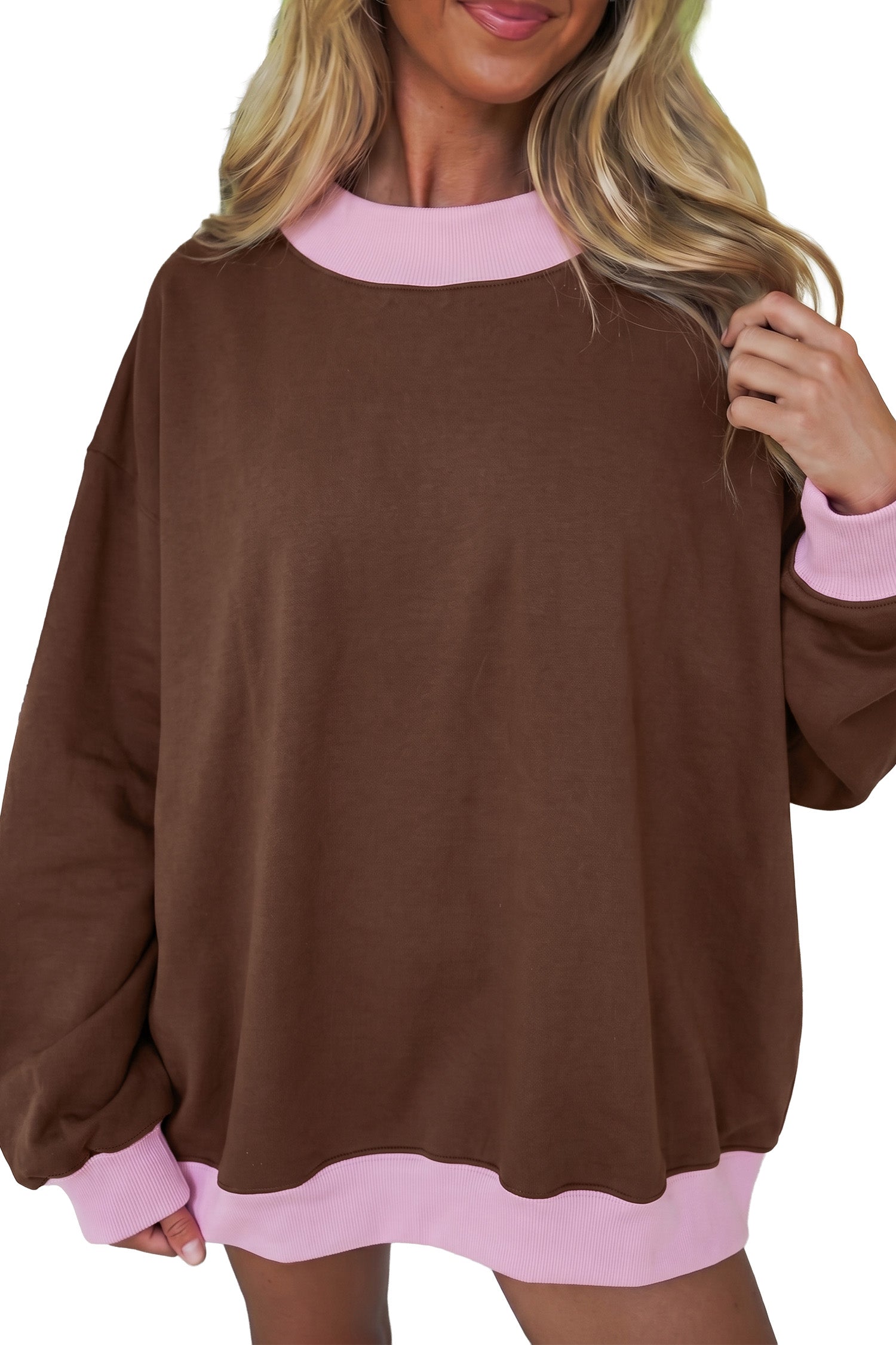 Colorblock Trim Crewneck Long Sleeve Pullover Sweatshirt – Pink