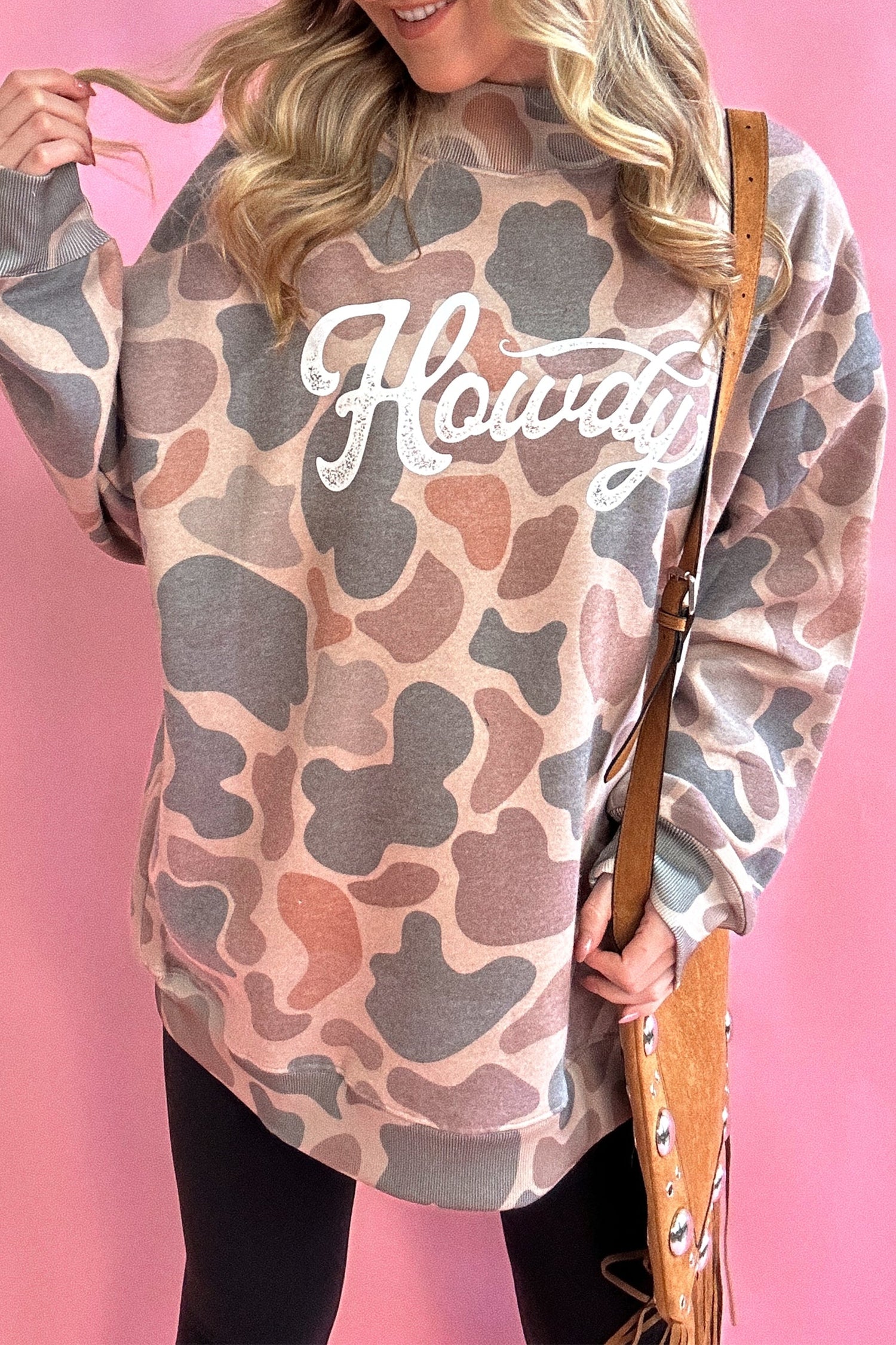 Camo Print Howdy Western Style Baggy Pullover Sweatshirt – Multicolour