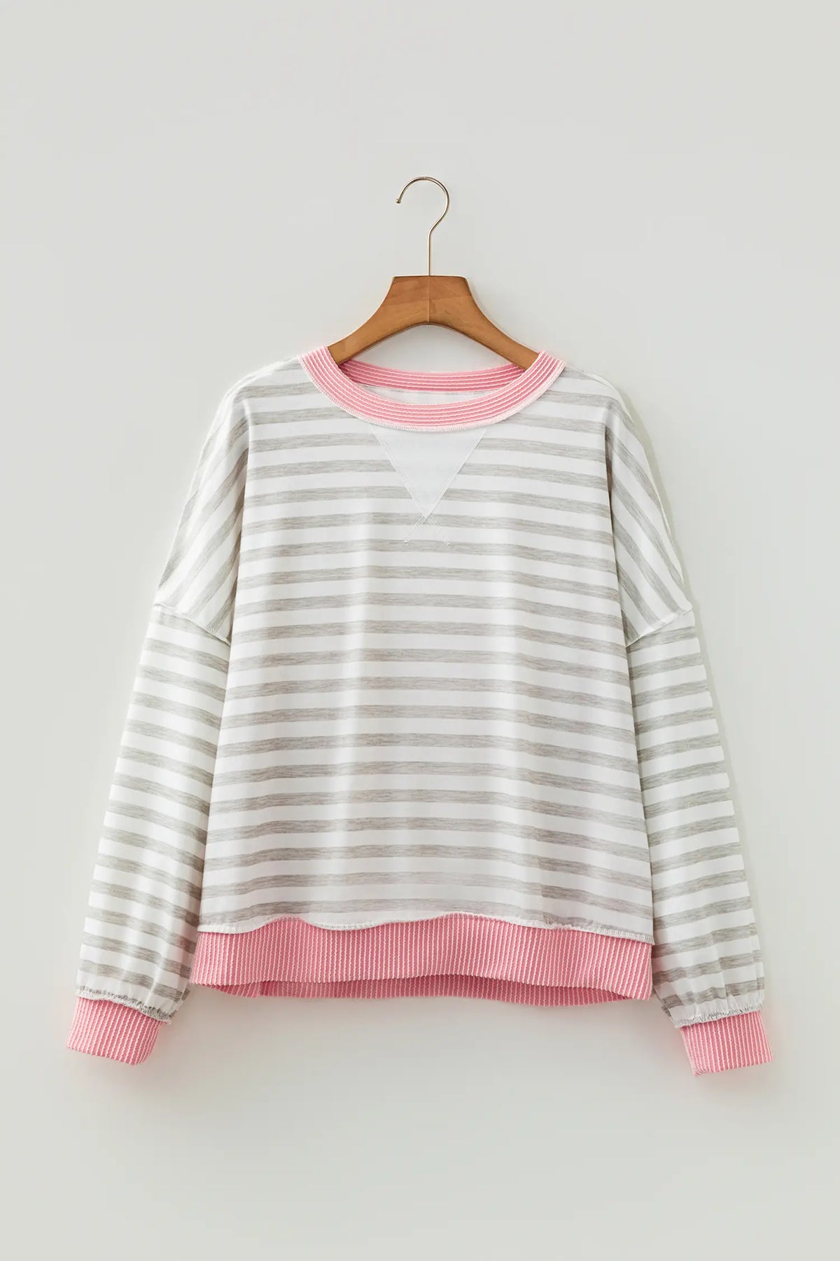 Pink Twisted Rib Trim Striped Round Neck Long Sleeve Top