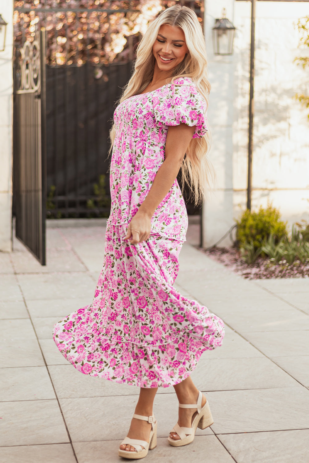 Pink Dainty Floral Smocked Puff Sleeve Flowy Long Dress eAura