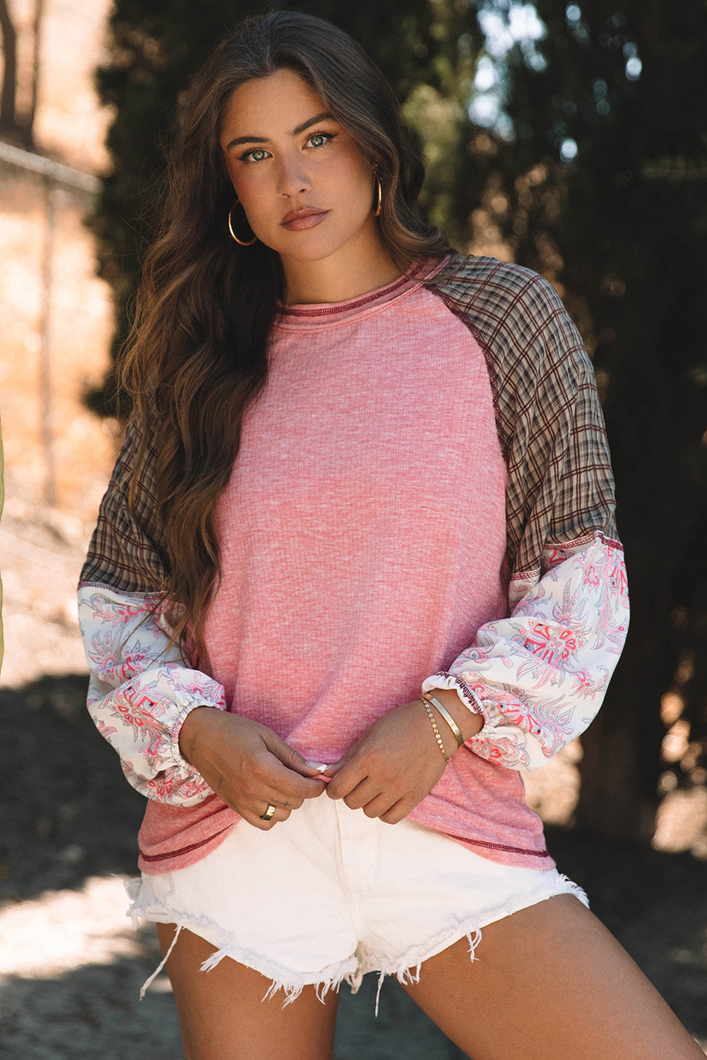 Fushia Mixed Print Patchwork Raglan Ribbed Knit Top eAura