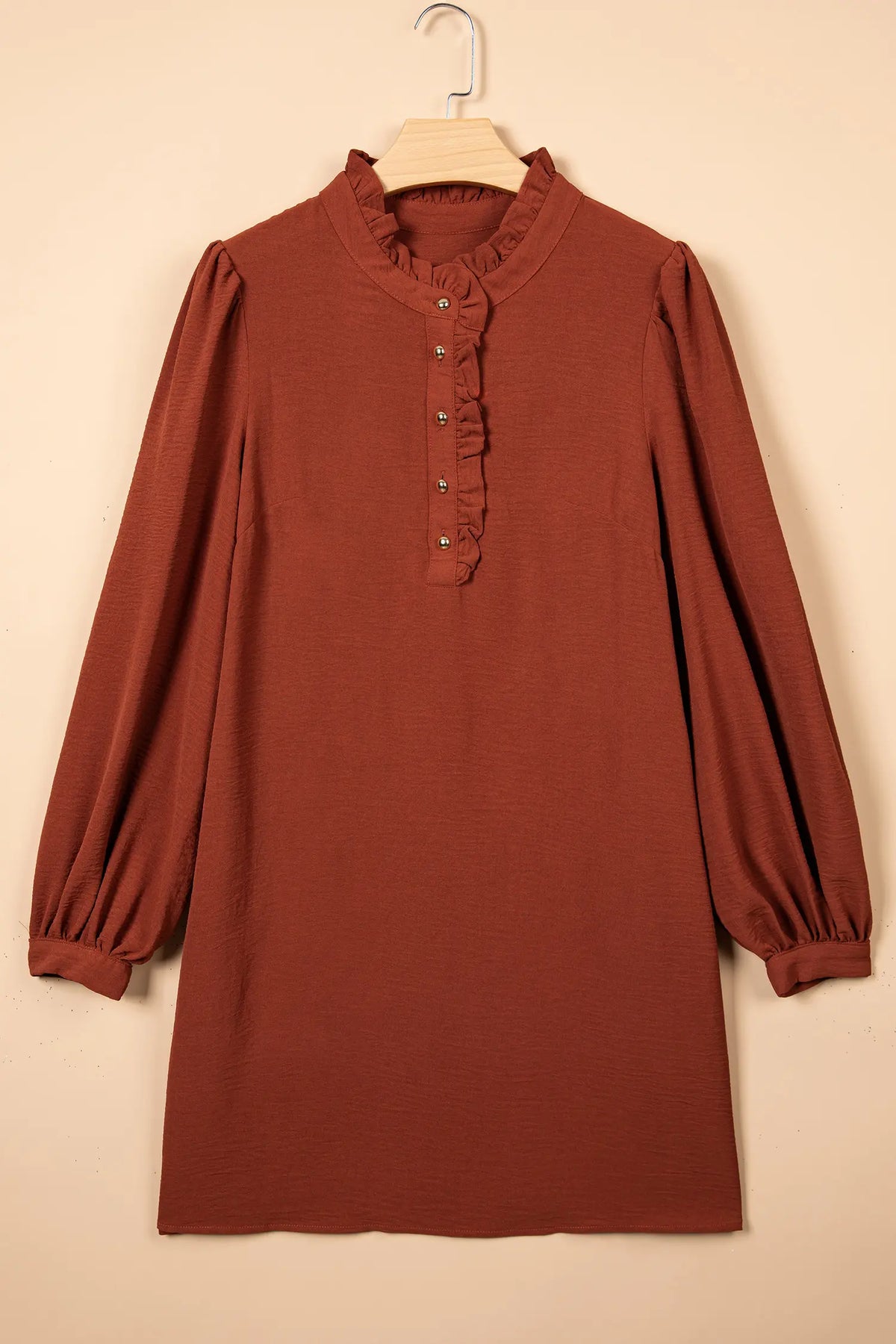 Coffee Solid Shift Long Sleeve Short Length One Piece Dress – Brown