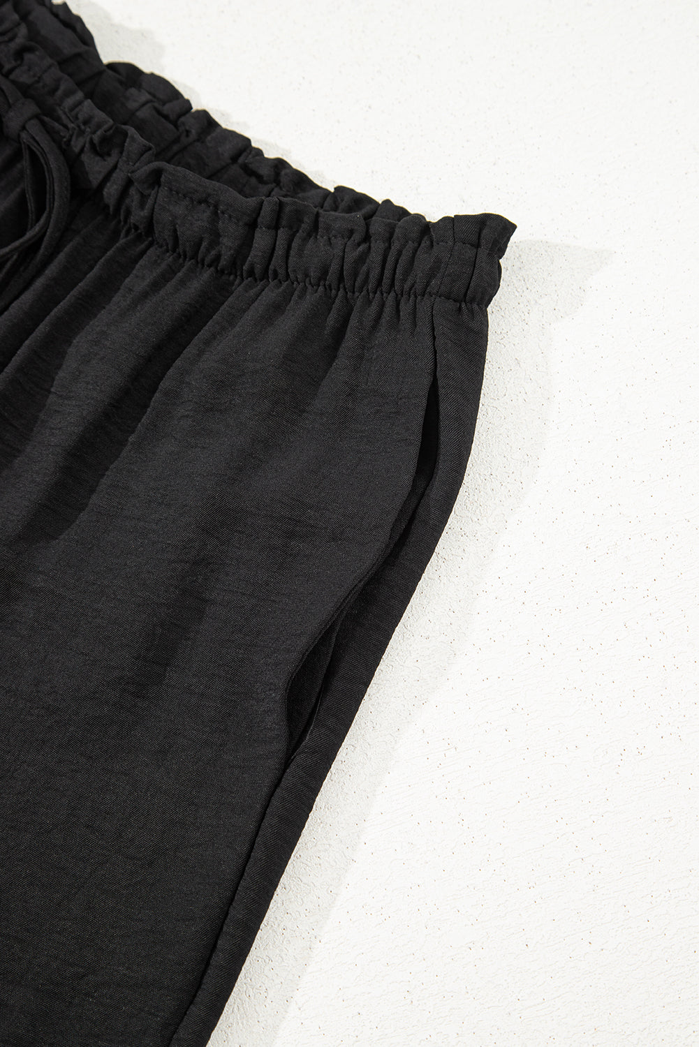 Black Drawstring Frilled Waist Wide Leg Utility Trousers Lightweight eAura