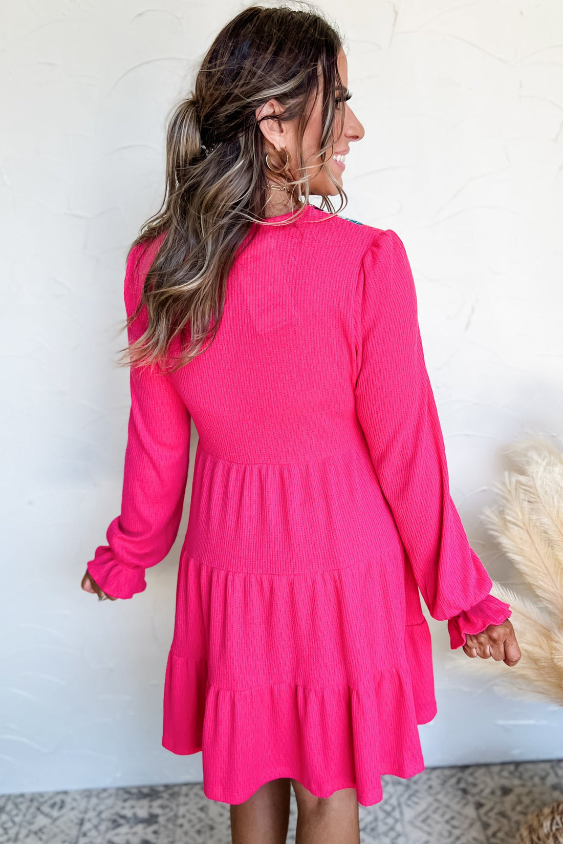 Rose Red Colourful Crochet V Neck Textured Tiered Ruffled Long Sleeve Mini Dress eAura