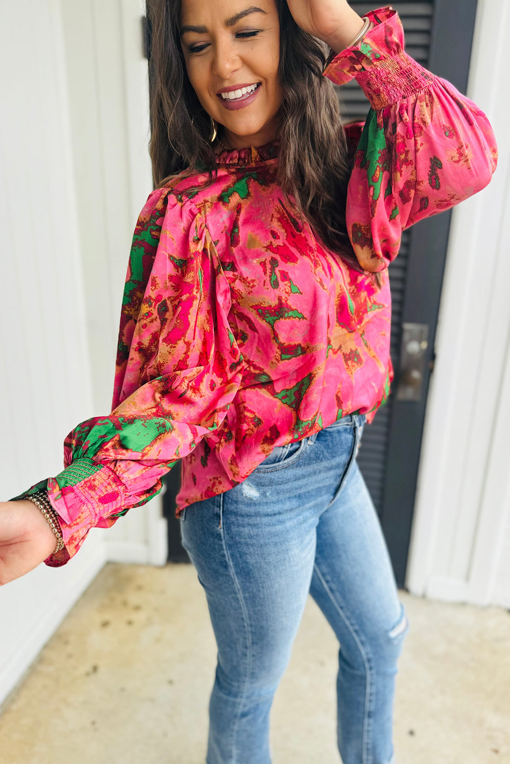 Rose Abstract Print Frilly Neckline Puff Sleeve Blouse eAura