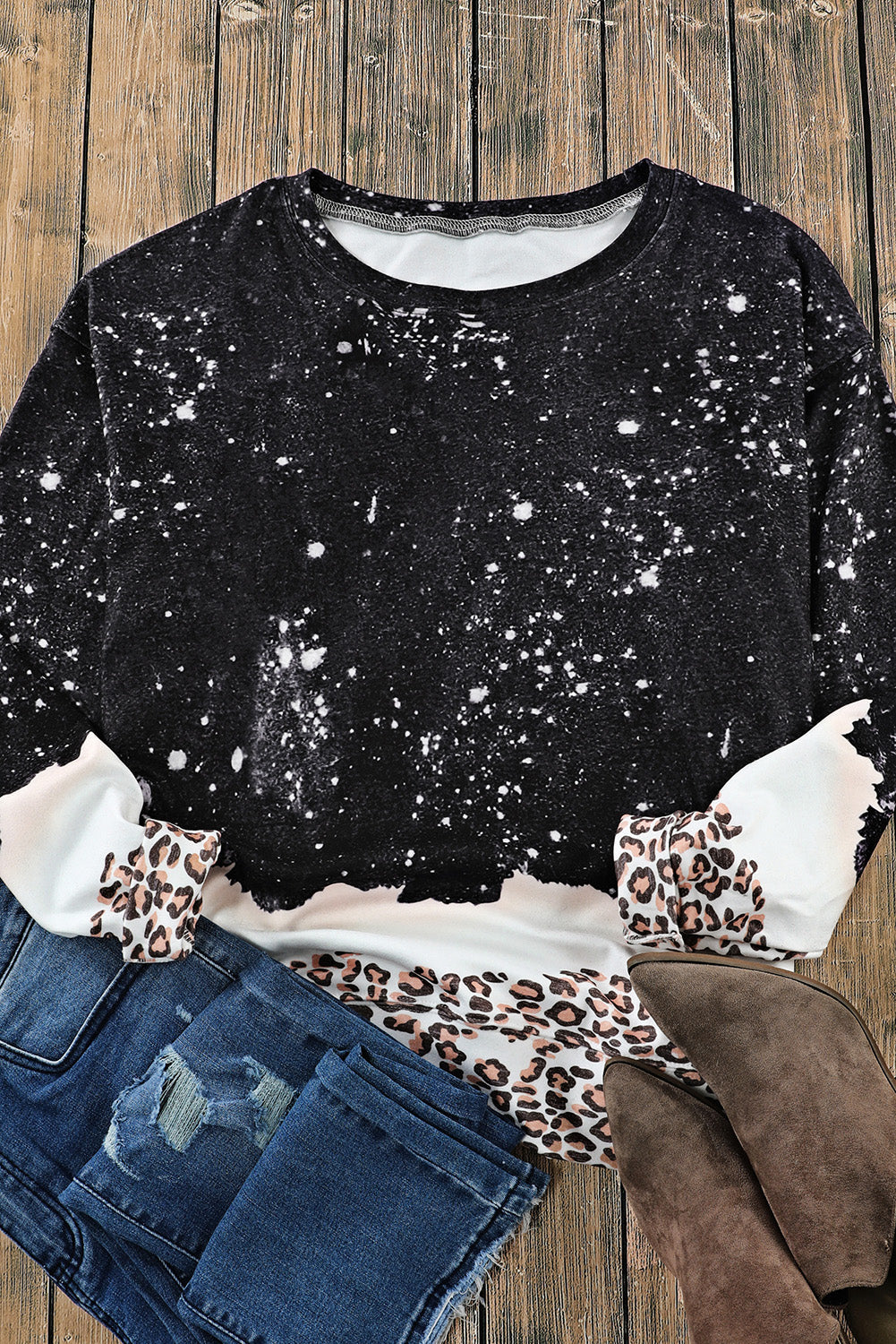 Black Leopard Bleached Pullover Sweatshirt eAura