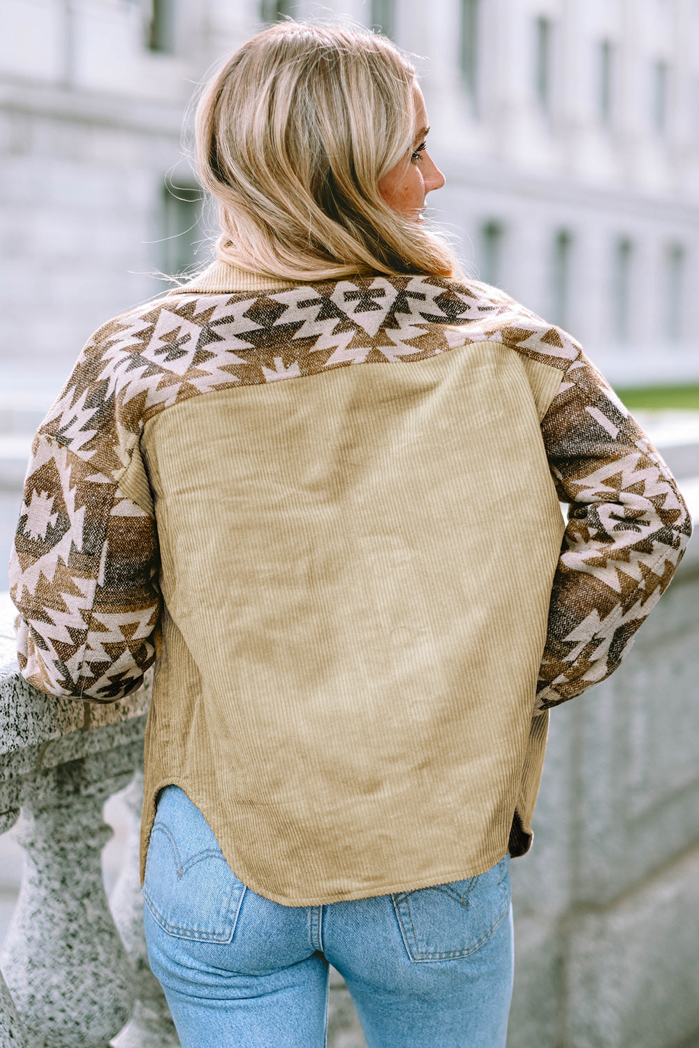 Khaki Aztec Print Patchwork Frayed Edge Corduroy Jacket eAura