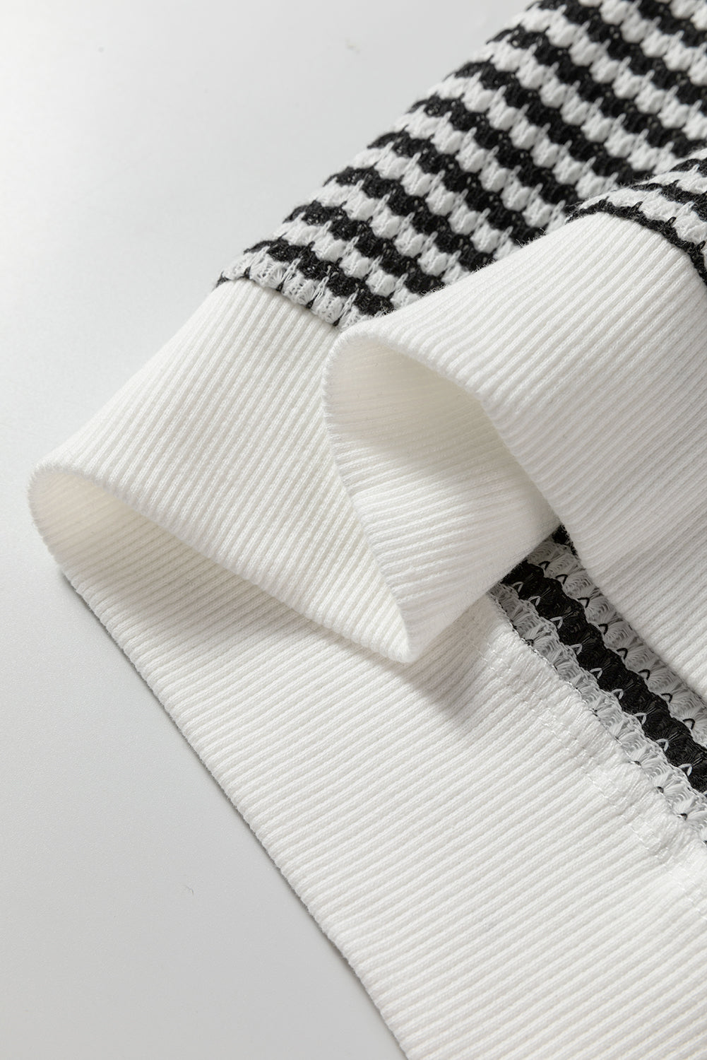 Black Stripe Textured Knit Contrast Lace Long Sleeve Top - eAura