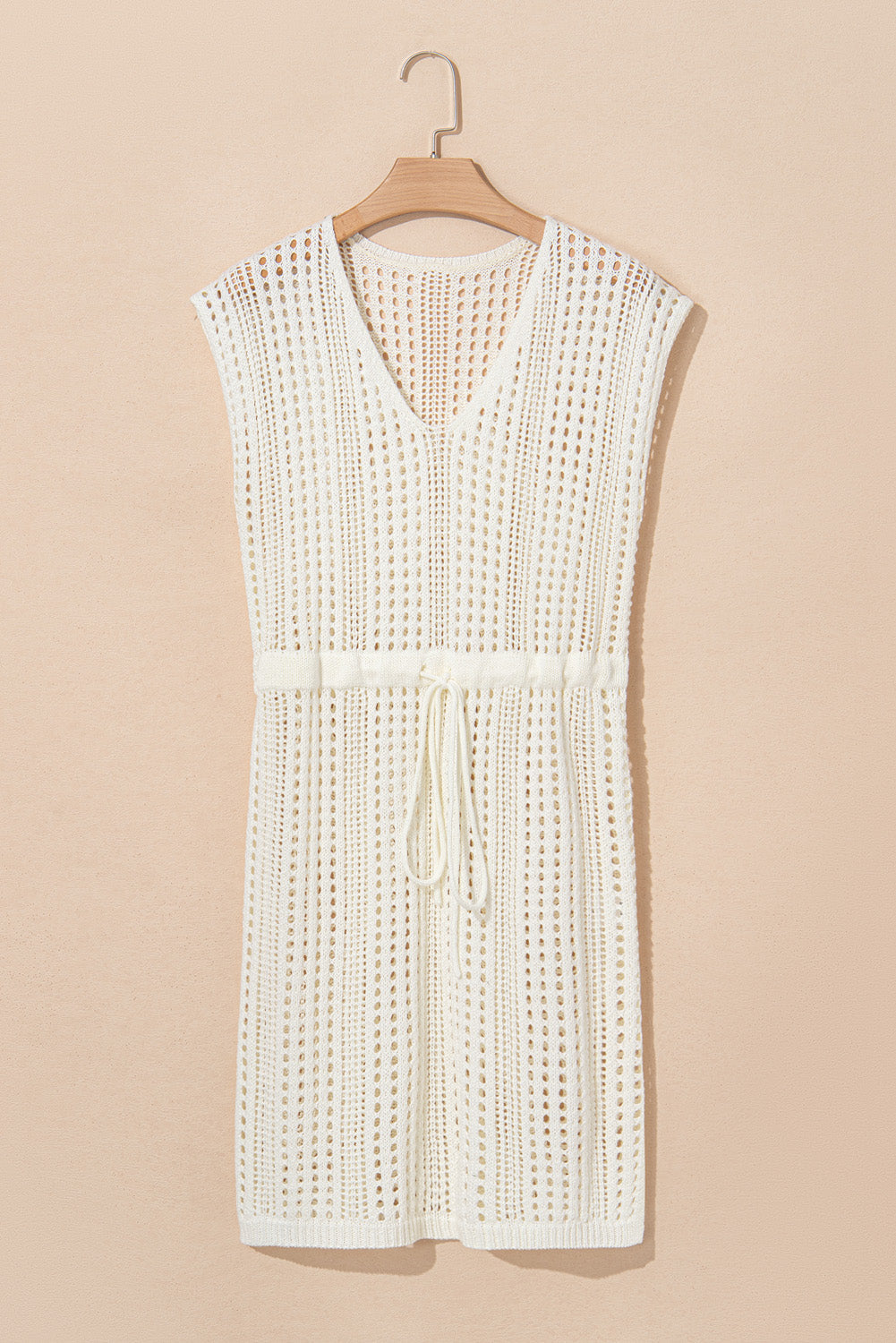 Beige Open Knit Drawstring Waist Beach Dress BB Fashion Outlet