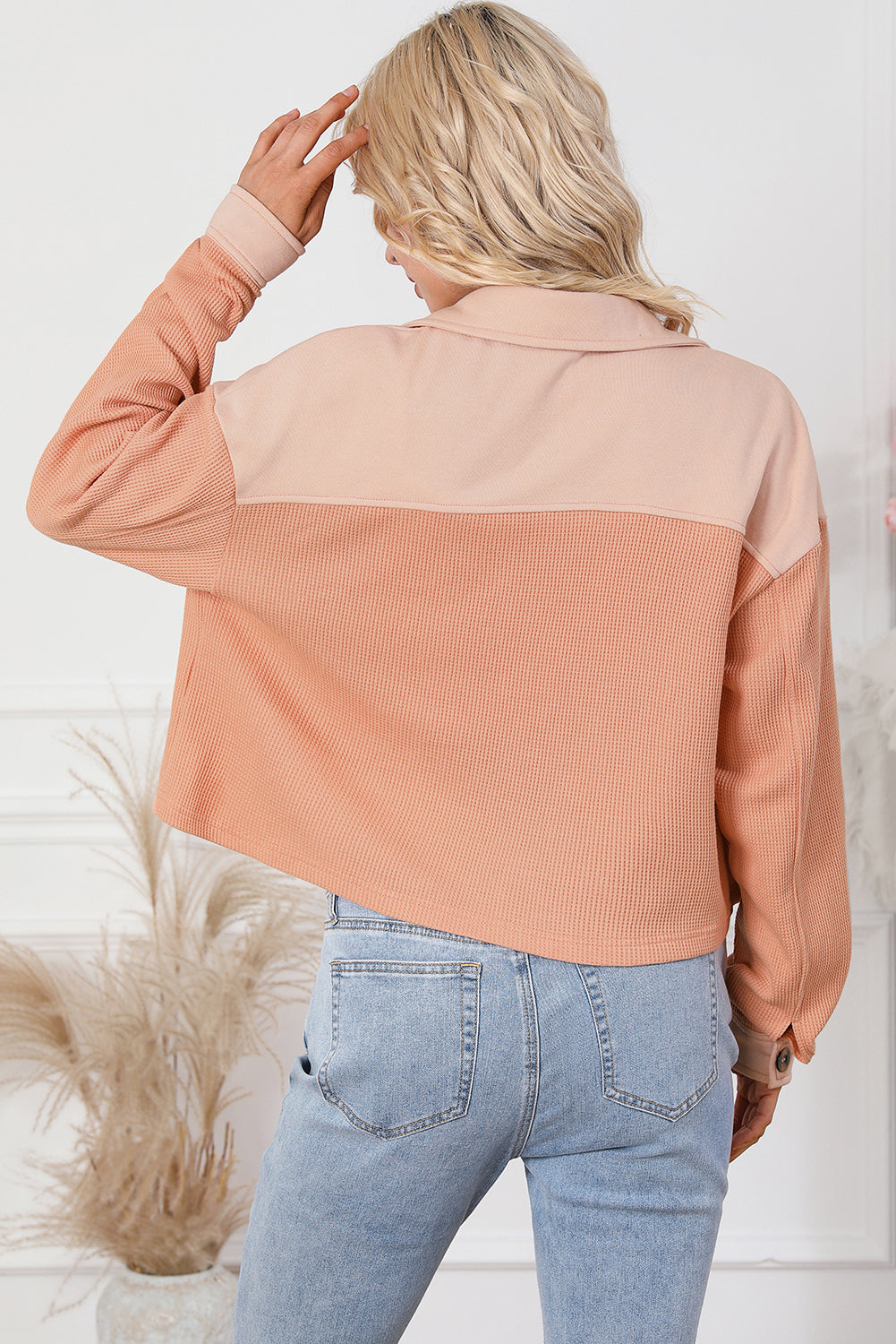 Orange Textured Waffle Knit Chest Pockets Cropped Shacket Beagle Boutique Fashion Outlet