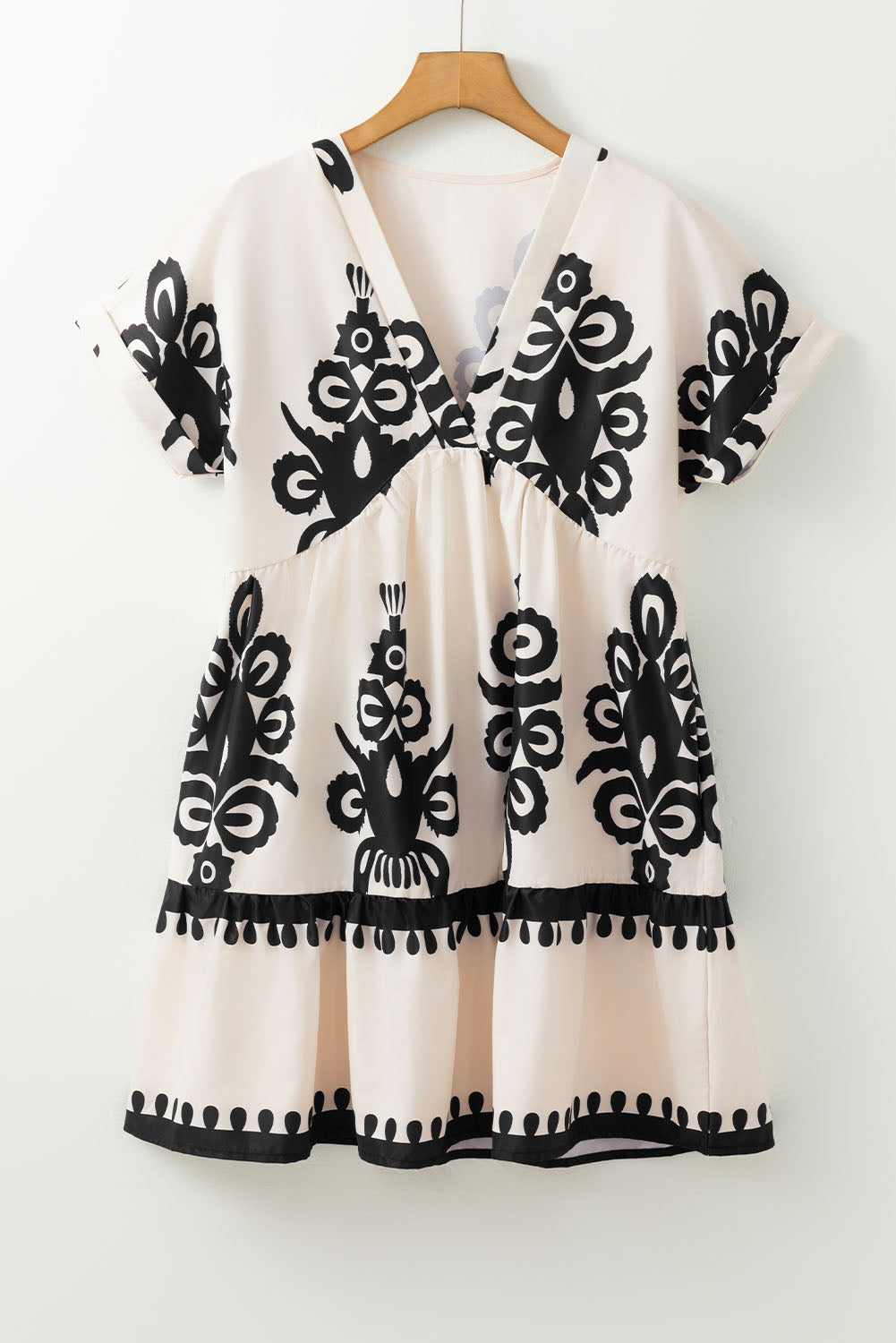 Black Vintage Print V Neck High Waist Short Sleeve Dress eAura