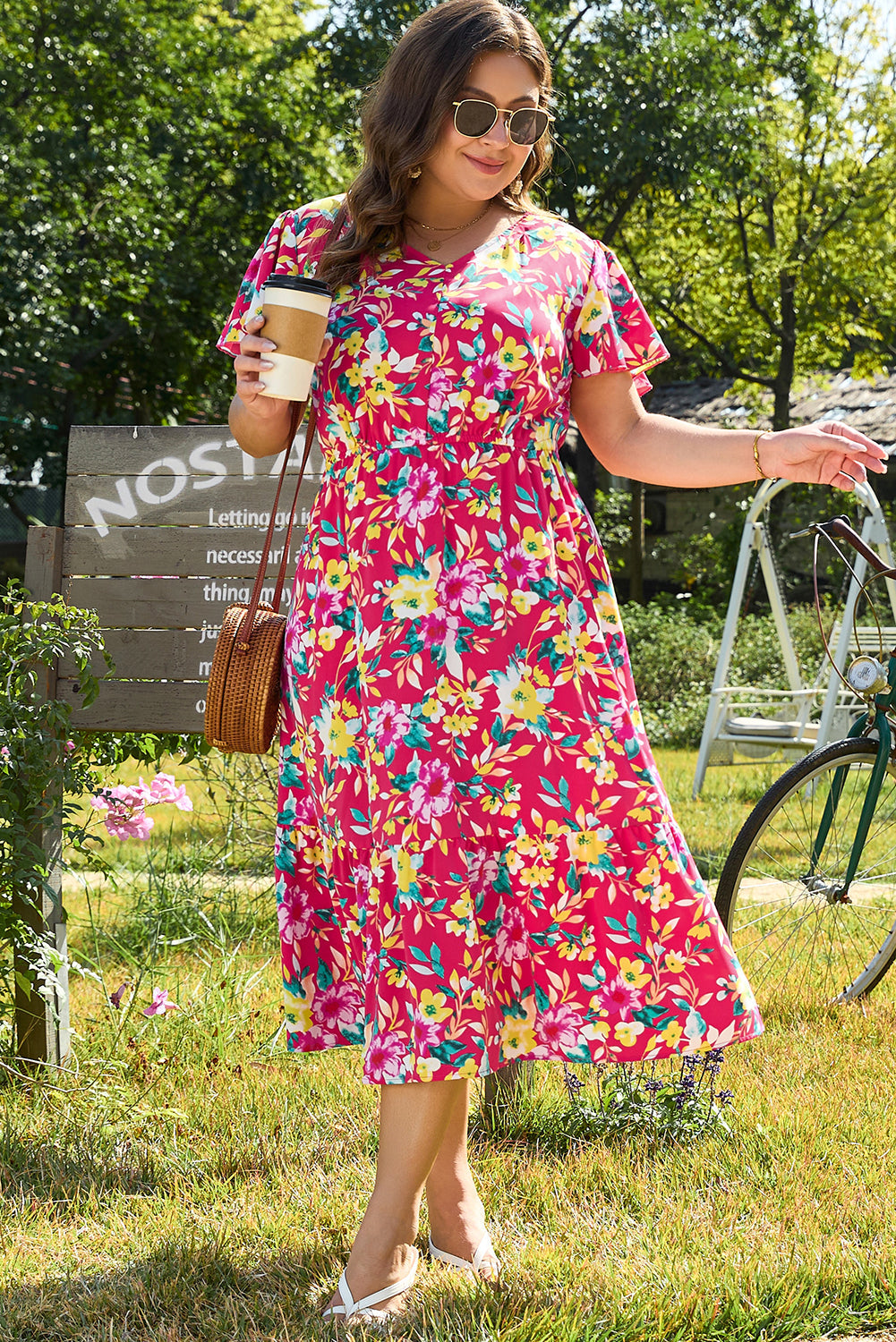 Pink Floral Print V Neck Pocketed High Waist Plus Size Midi Dress BB Fashion Outlet