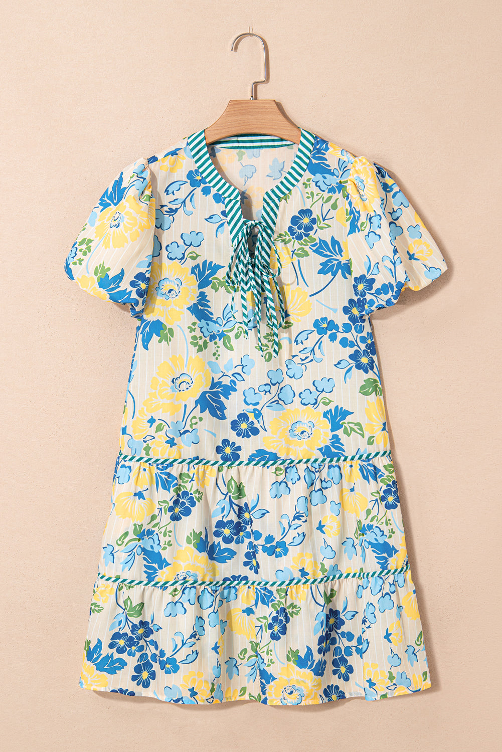 Blue Floral Striped Trim Puff Short Sleeve Dress eAura
