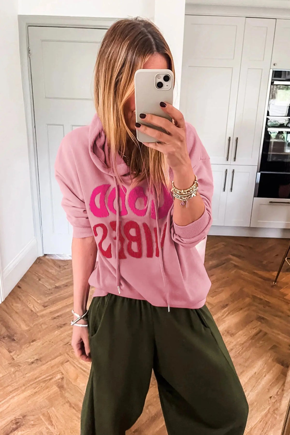 Casual Hoodie Chenille Letter Graphic Good Vibes