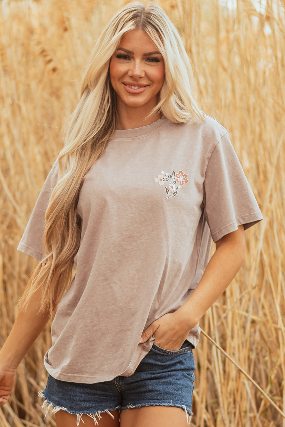Smoke Grey Mineral Wash Floral Steer Head Printed Back Western Fashion Tee eAura