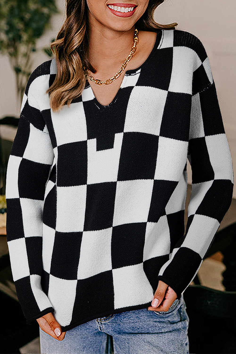 Checked Notched Neckline Drop Shoulder Knit Sweater Dear-Lover Dropshipping