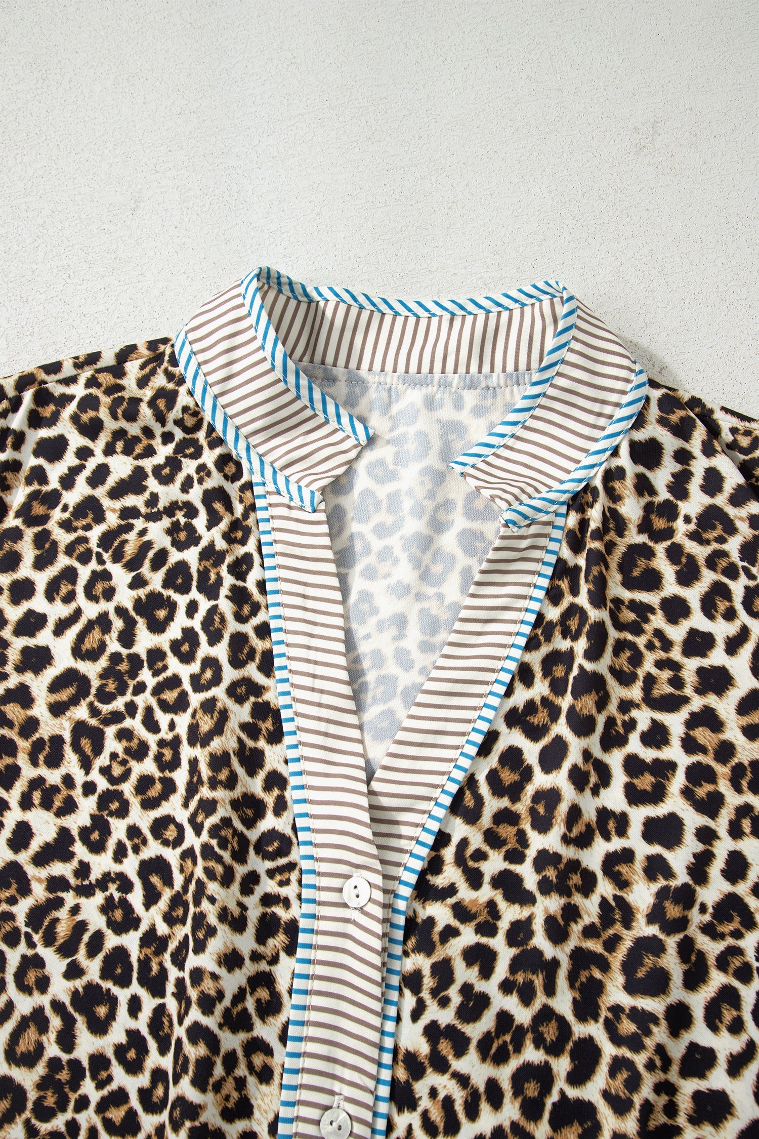 Plus Size Leopard Print Striped Trim V-Neck Drop Waist Long Sleeve Mini Dress - eAura