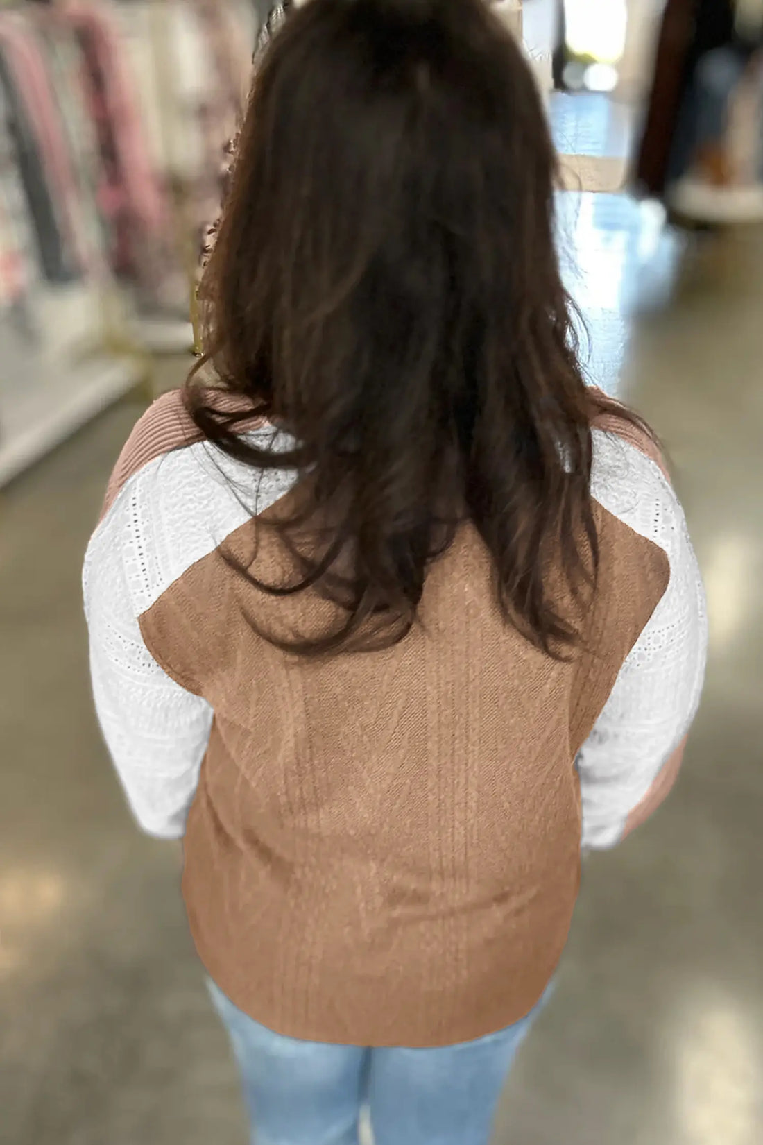 V Neck Lace Sleeve Patchwork Plus Size Blouse – Coffee