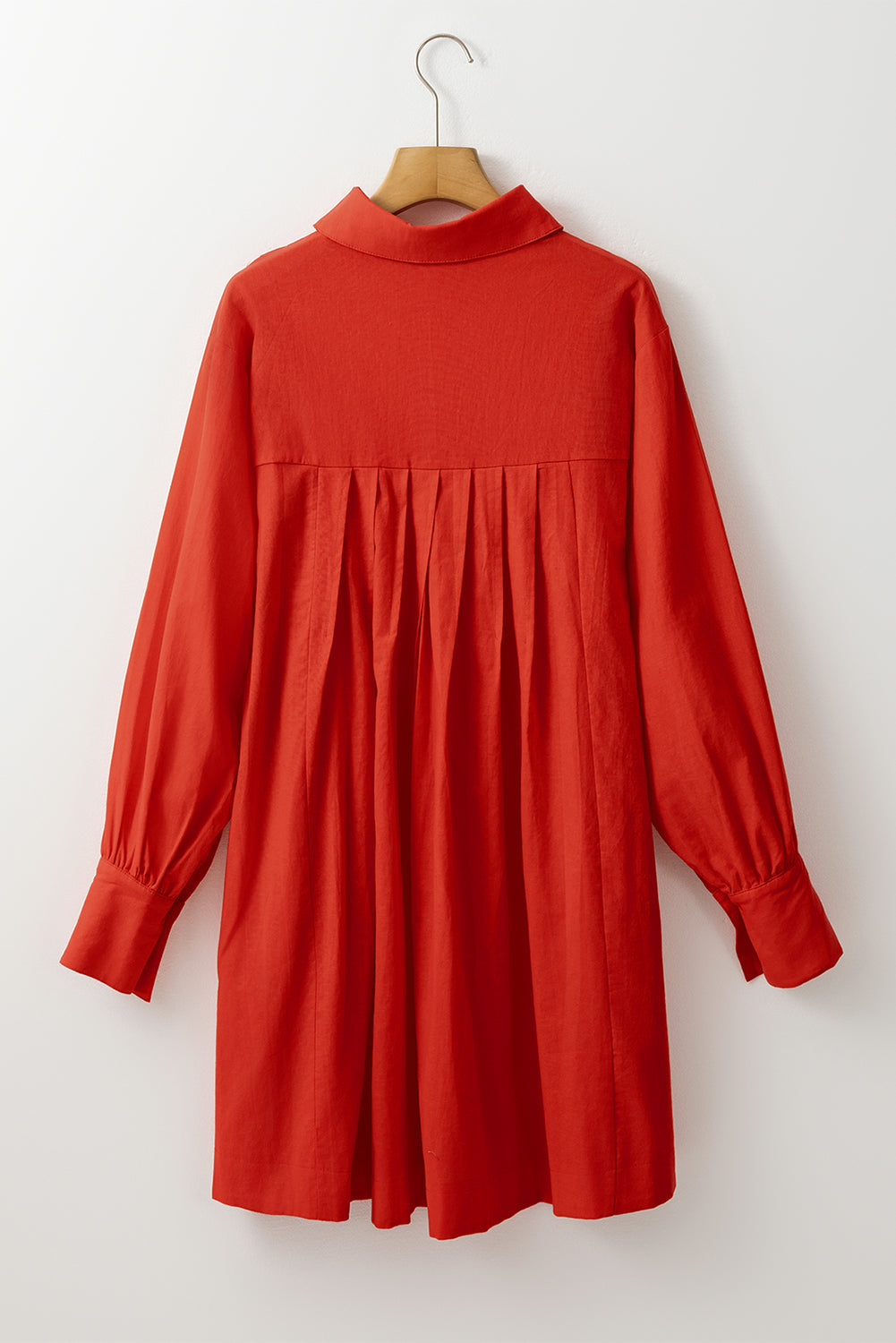 Tomato Red Bishop Sleeve Button Up Pleated Mini Shirt Dress eAura