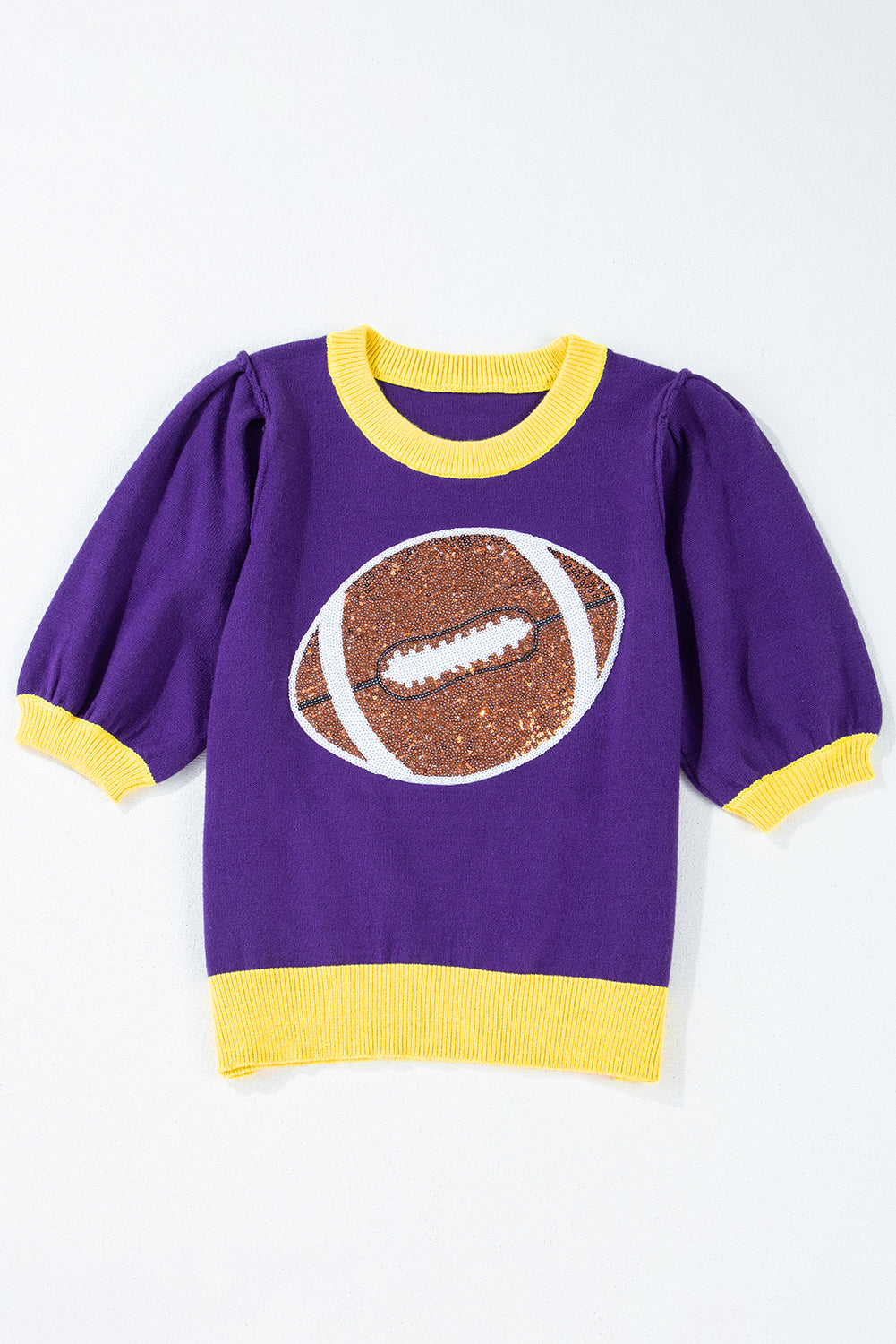 Red Sequin Rugby Colour Block Puff Short Sleeve Sweater eAura