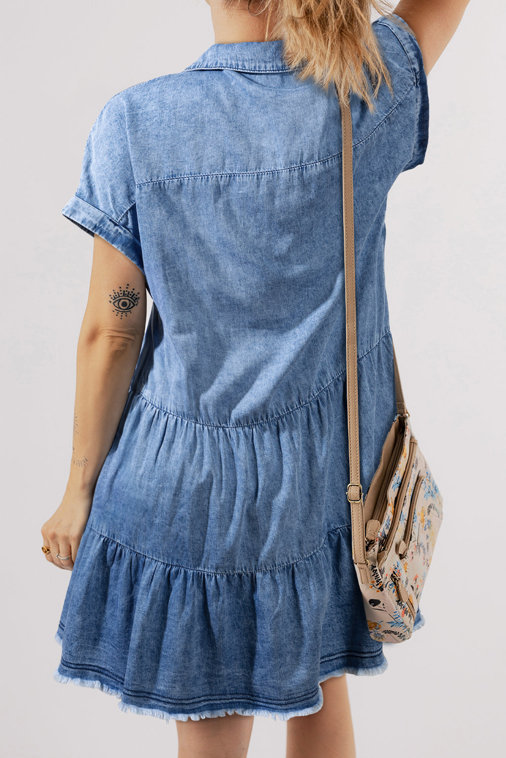 Sky Blue Acid Wash V Neck Tiered Denim Dress eAura