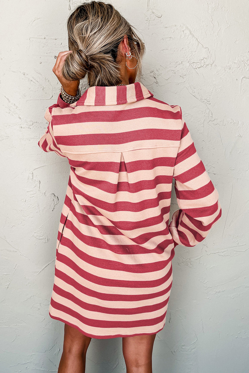 Pink Stripe Collared V Neck Long Sleeve Loose Casual Dress eAura