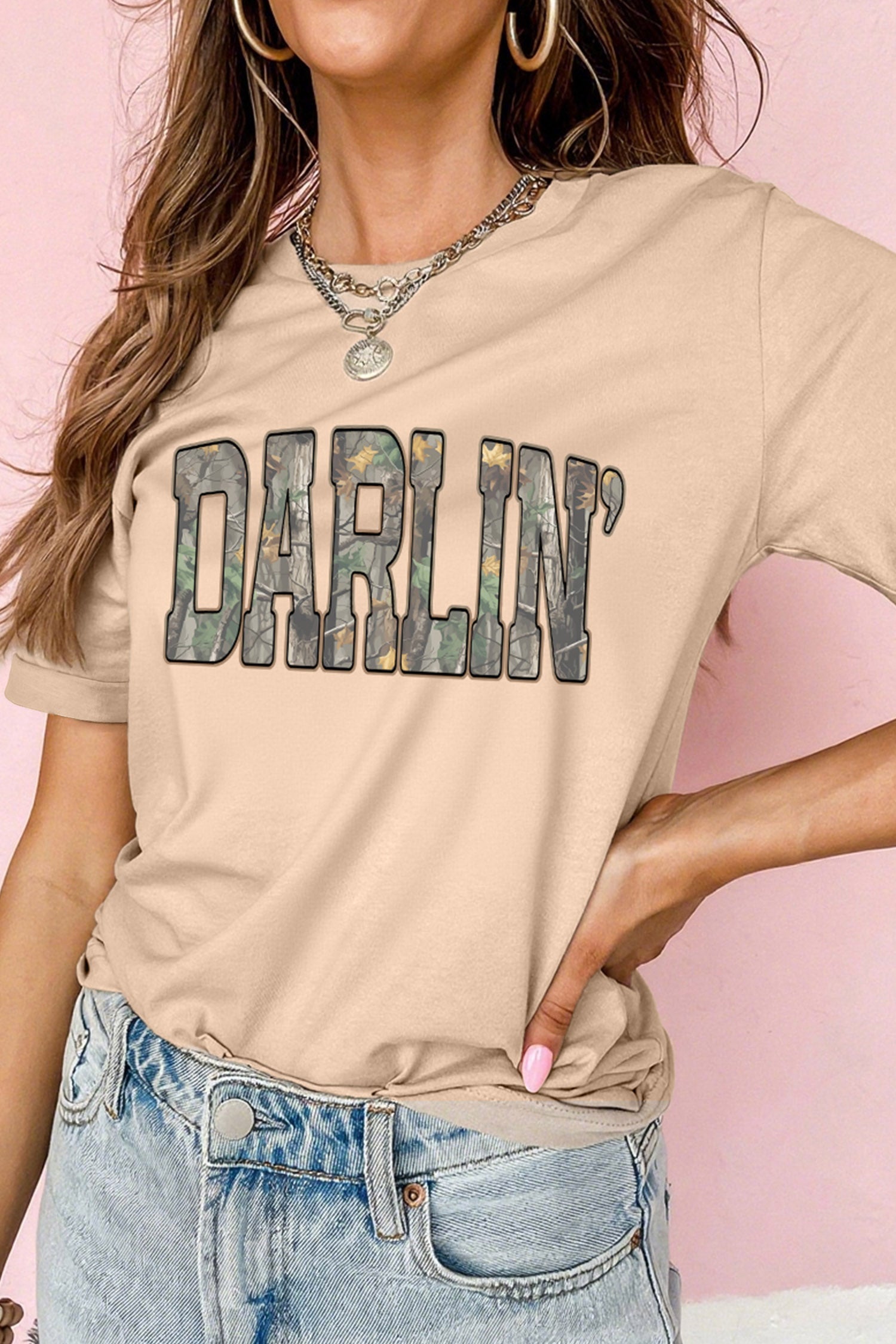 DARLIN Camo Letter Print Crewneck T Shirt – Khaki