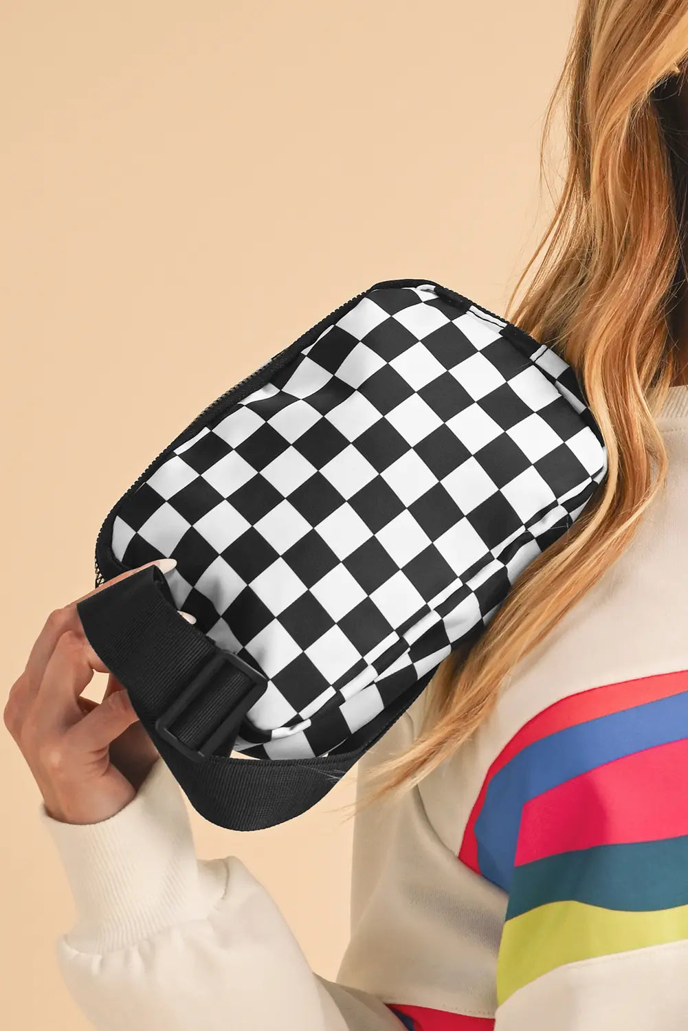 Checkered Print Buckle Wide Belt Crossbody Bag – White