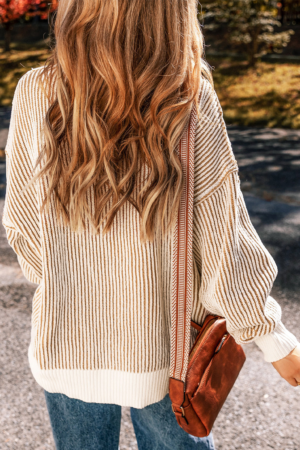 Bright Pink Striped Textured Knit Contrast Edge Loose Sweater eAura