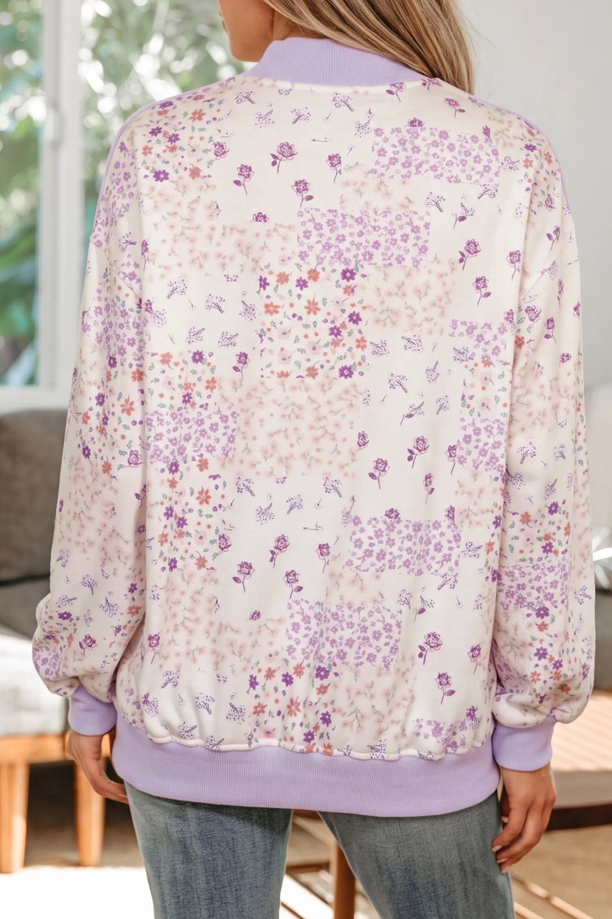 Floral Print High Neck Colourblock Sleeve Paneling Sweatshirt – Purple