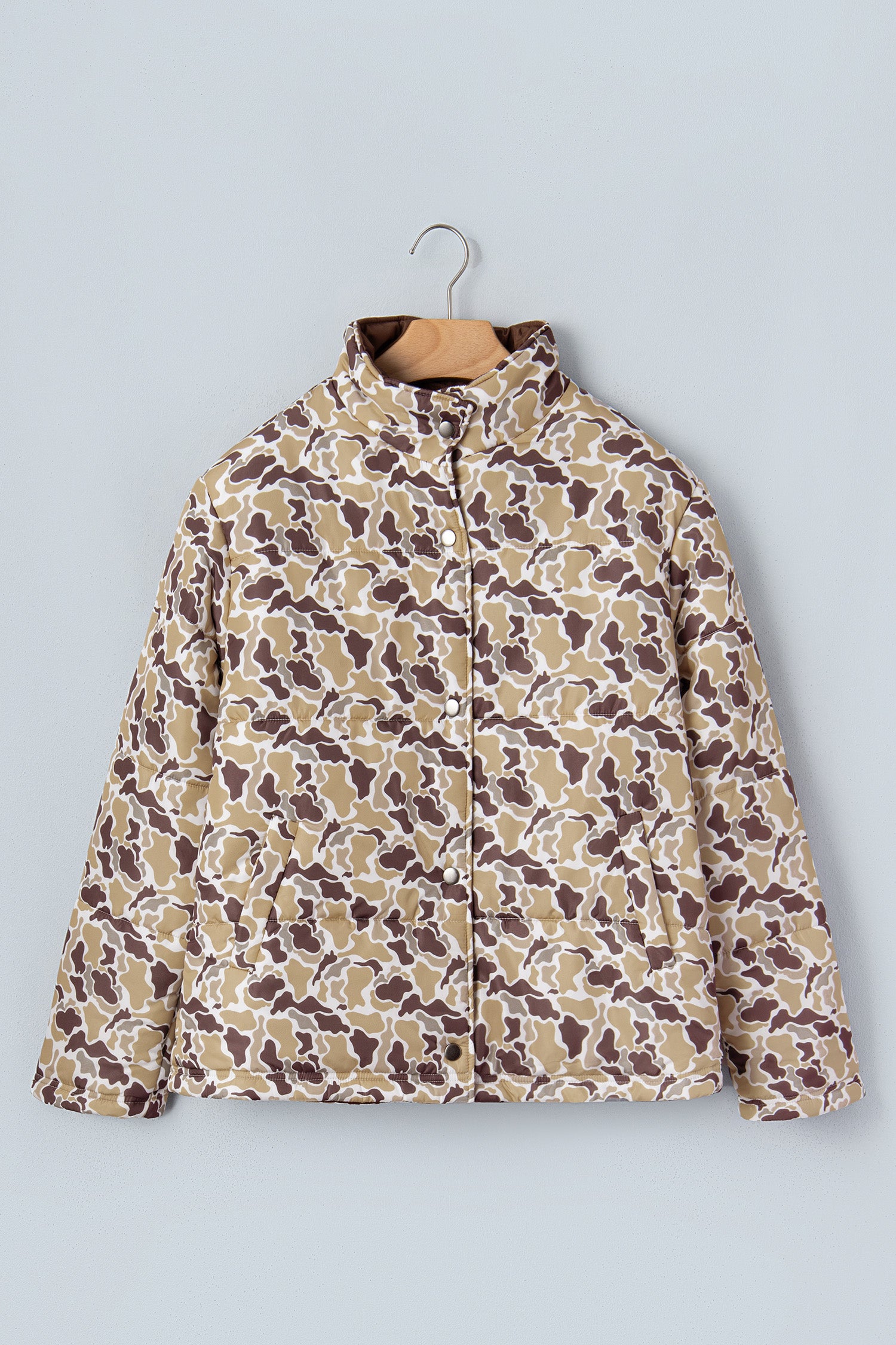 Camouflage Quilted Metal Button Collar Long Sleeve Puffer Coat – Multicolour