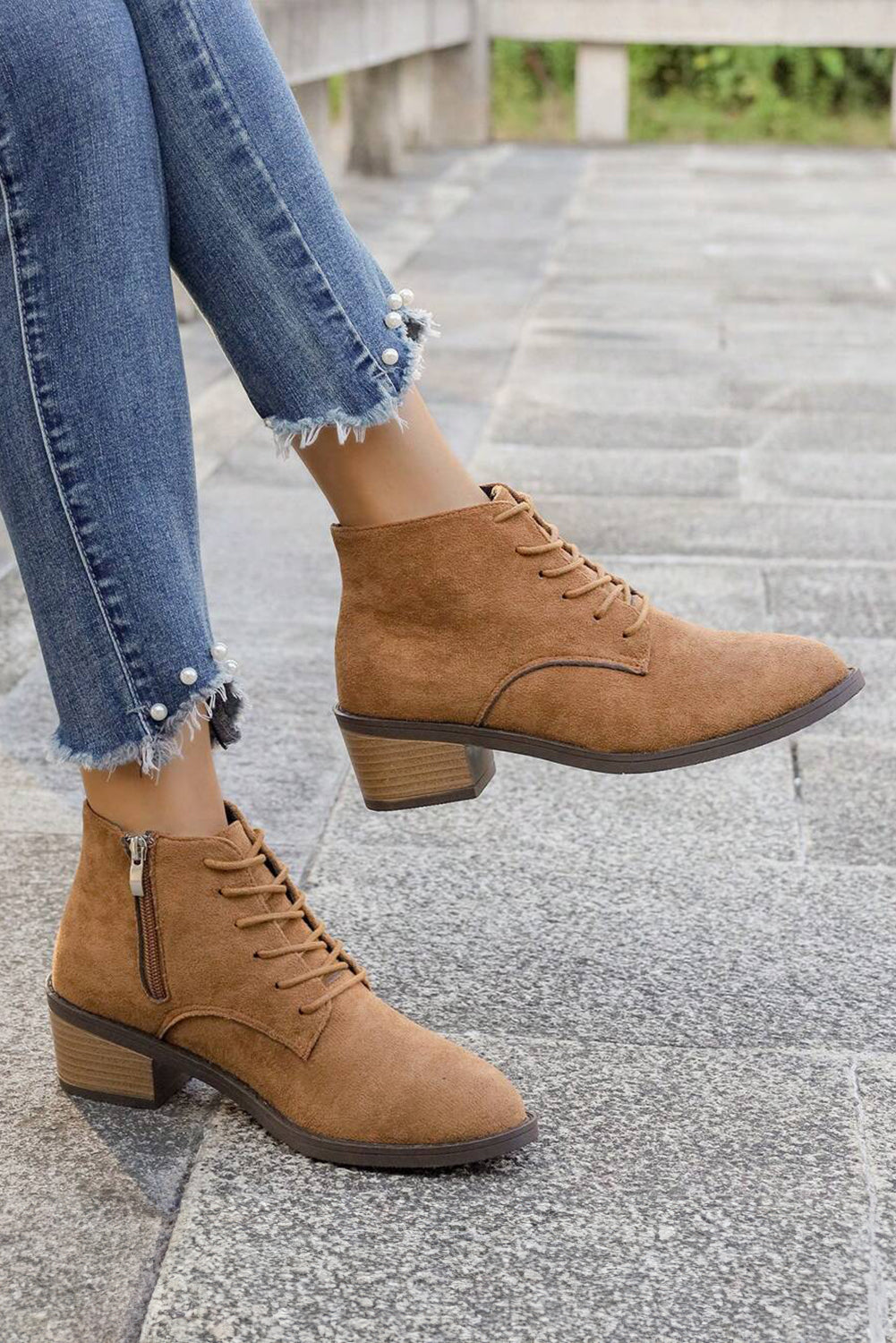 Chestnut Suede Zip Side Lace Up Ankle Boots - eAura