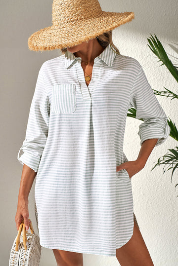 White Stripe Collared V Neck Chest Pocket Long Sleeve Beach Cover up eAura