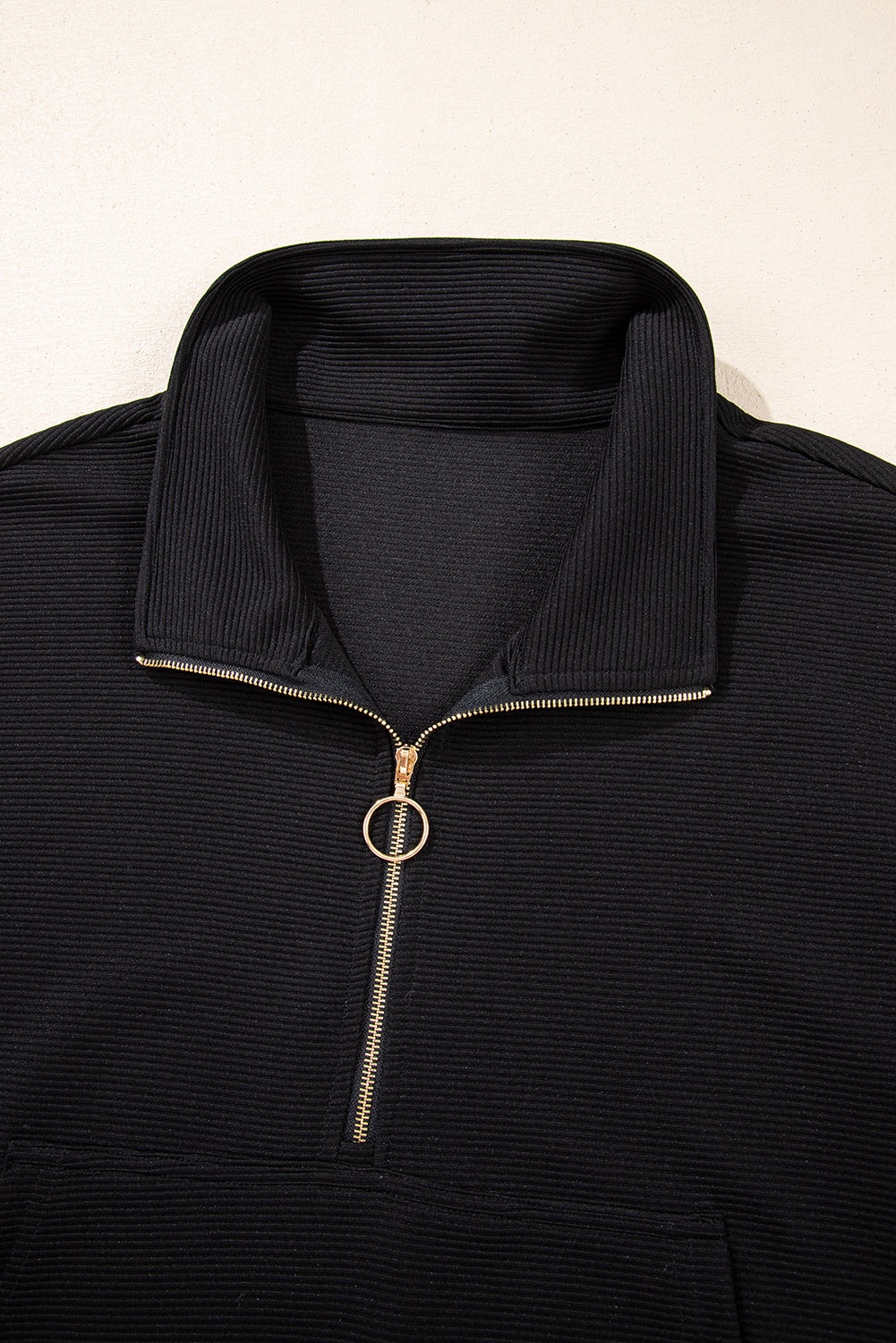 Black Textured Quarter Zip Kangaroo Pocket Top Drawstring Shorts Set eAura