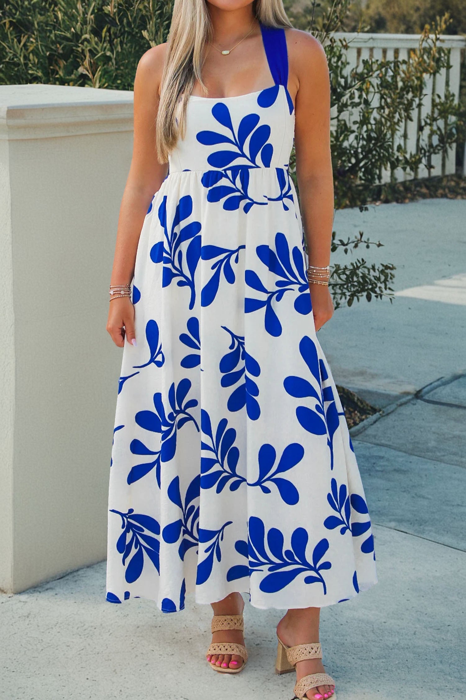 Floral Print Crisscross Tie Back Sleeveless Long Dress