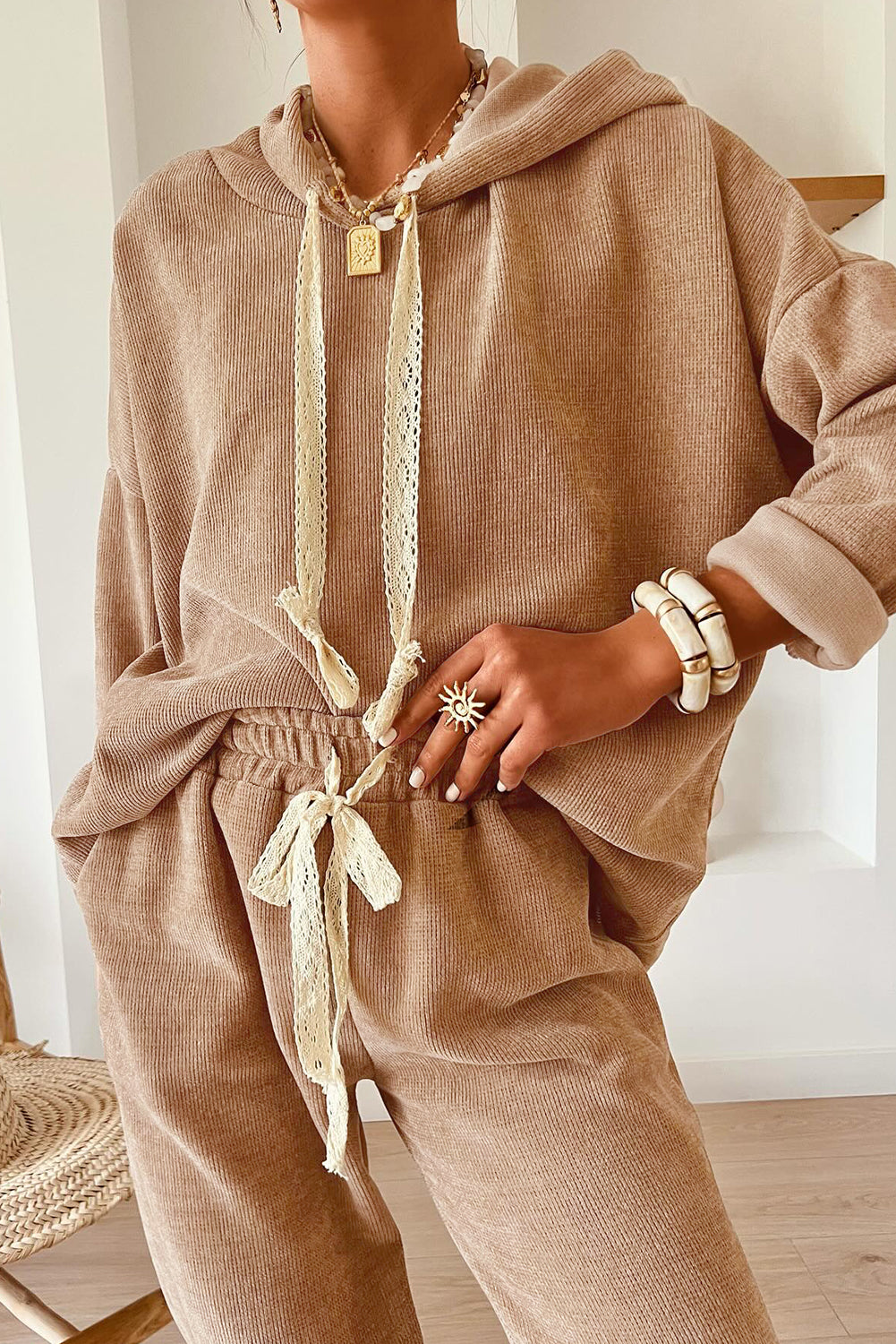 Pullover Hoodie and High Waist Bottoms Soft Cord Co-ord Set - eAura