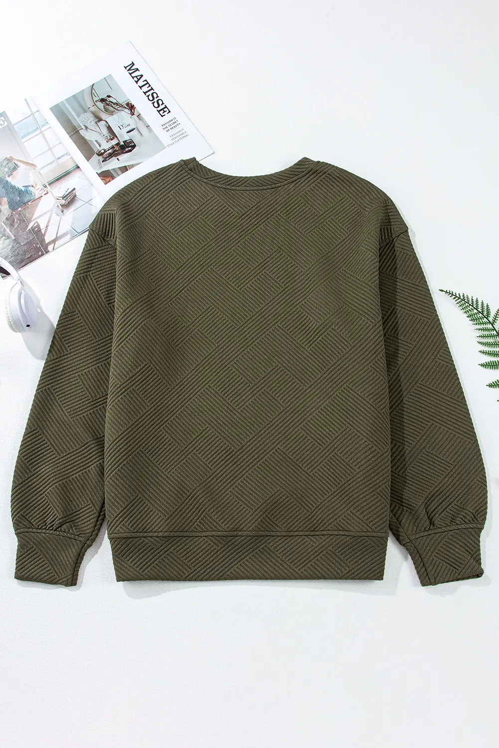 Jungle Solid Colour Textured Round Neck Drop Shoulder Pullover Sweatshirt – Green