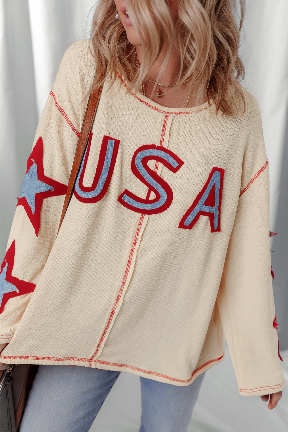 Beige USA Star Contrast Patchwork Exposed Seam Long Sleeve Top - eAura