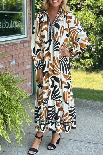 Brown Tropical Printed Contrast Trim Neck Long Sleeve Ruffle Hem Dress - eAura