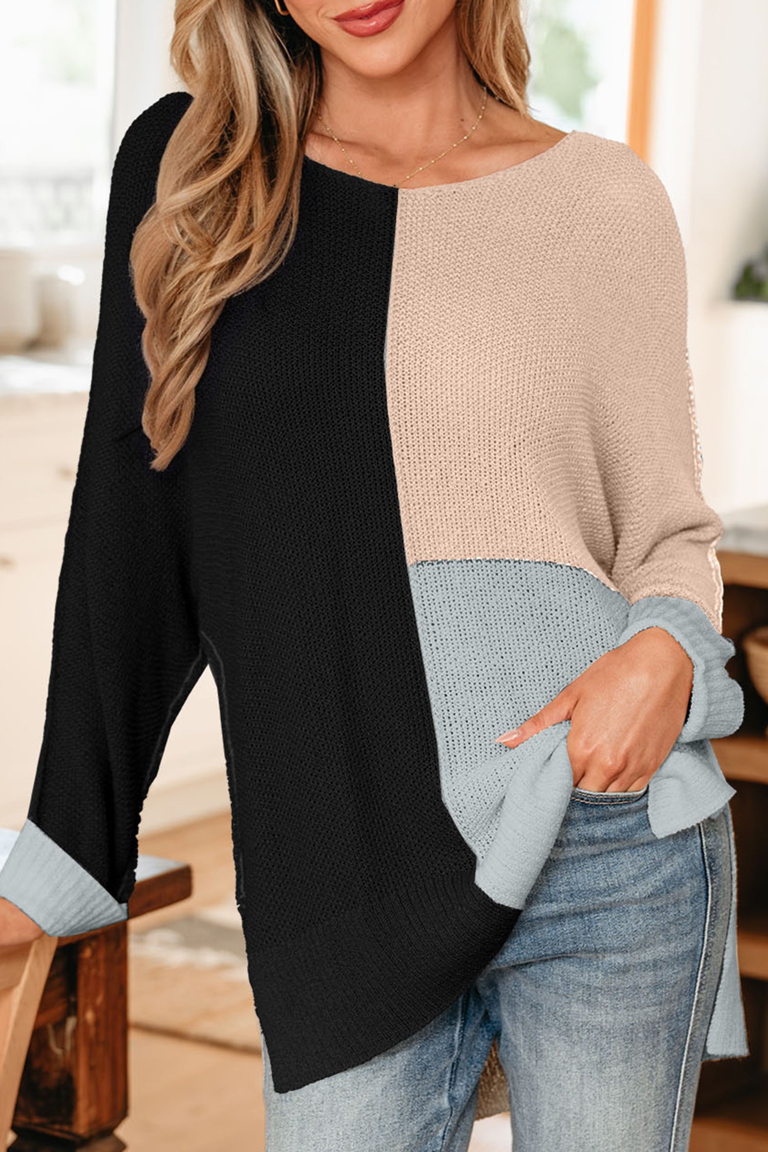 Colour Block Knit V-Neck Sweater - Sweaters & Cardigans/Sweaters