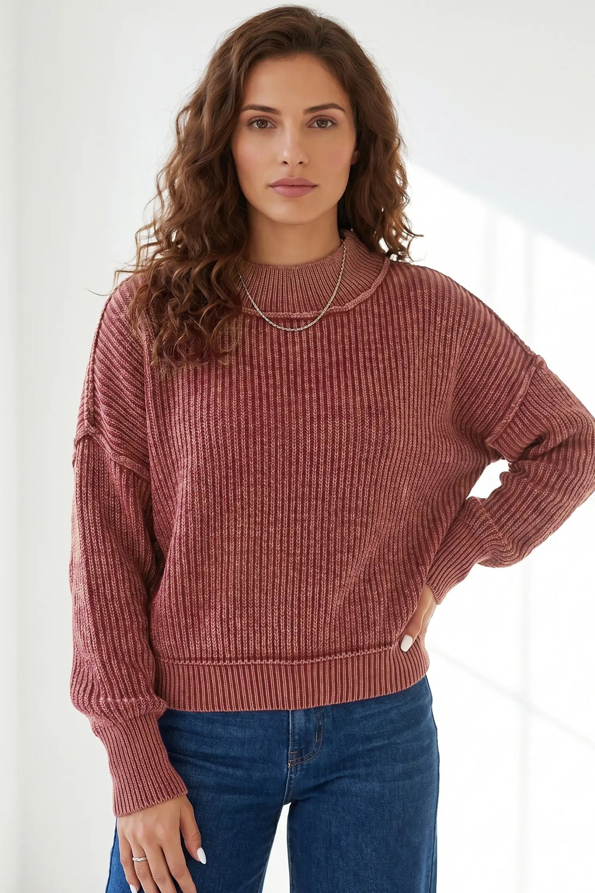 Red Dahlia Drop Shoulder High Neck Ribbed Sweater – Burgundy