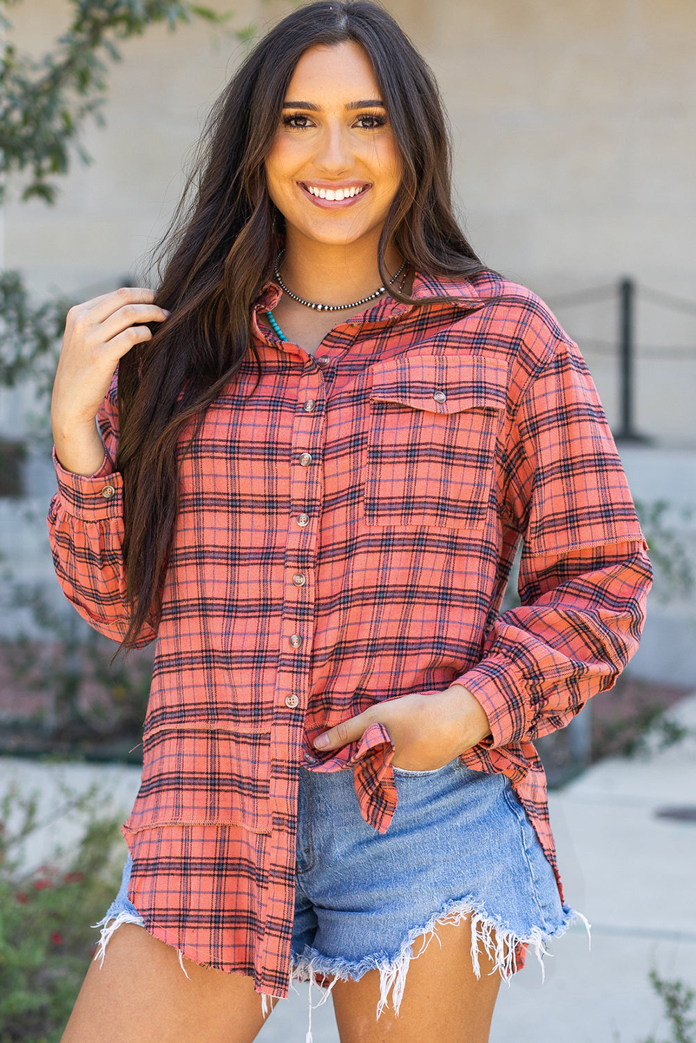 Red Plaid Long Sleeeve Side Split Distressed Hem Shirt eAura