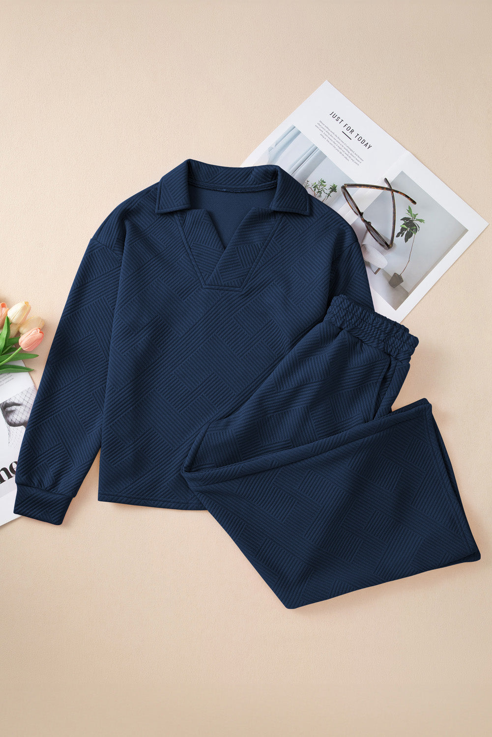 Textured Collared V-Neck Top and Wide Leg Trousers Co-ord Set eAura